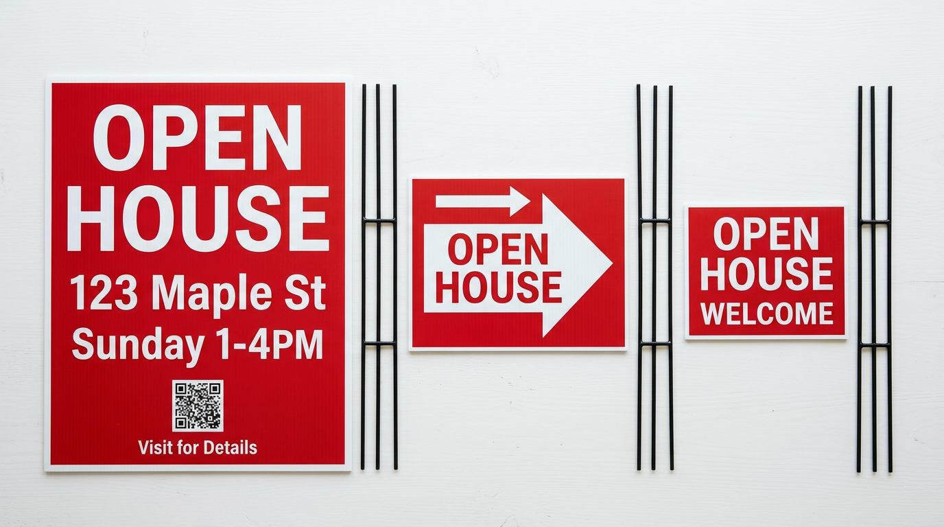Complete open house sign system showing announcement, directional, and arrival signs