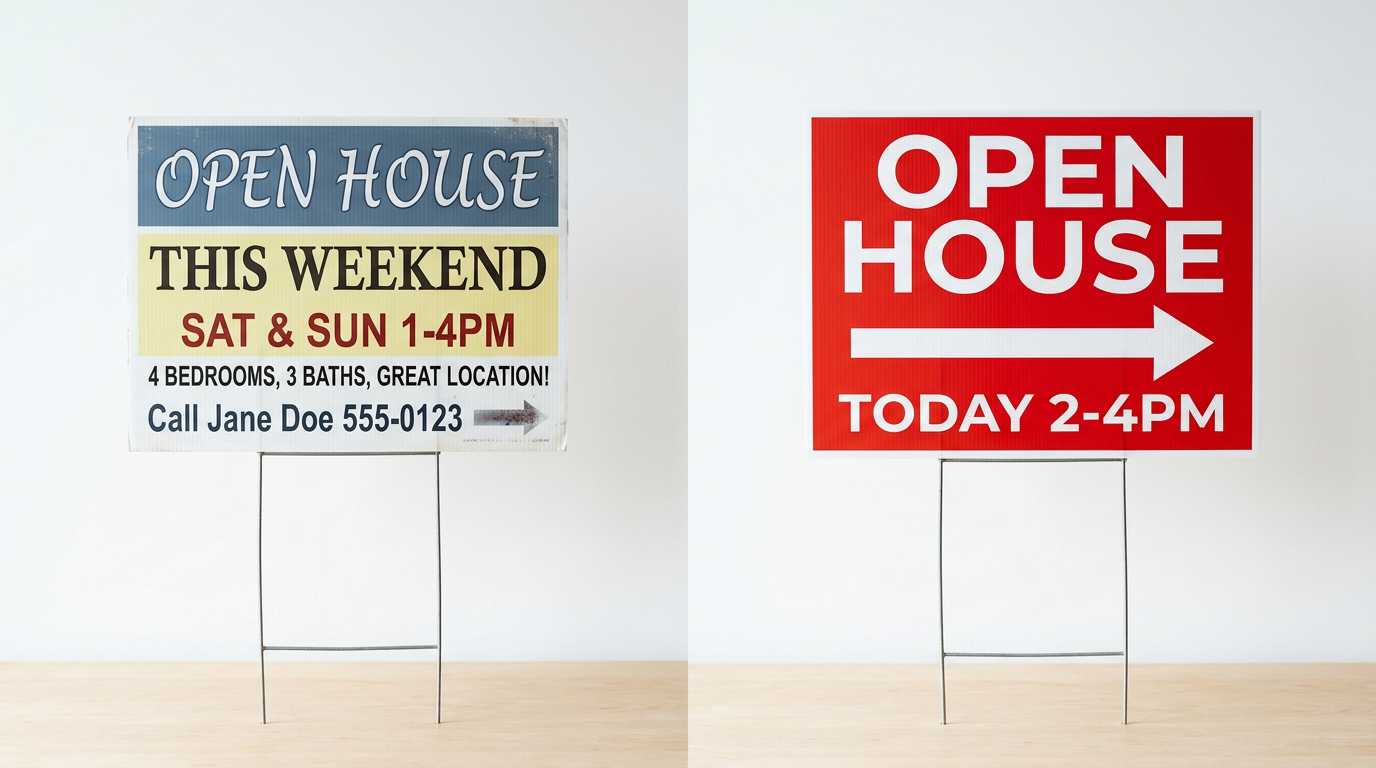 Comparison of poor vs excellent open house sign design showing readability differences