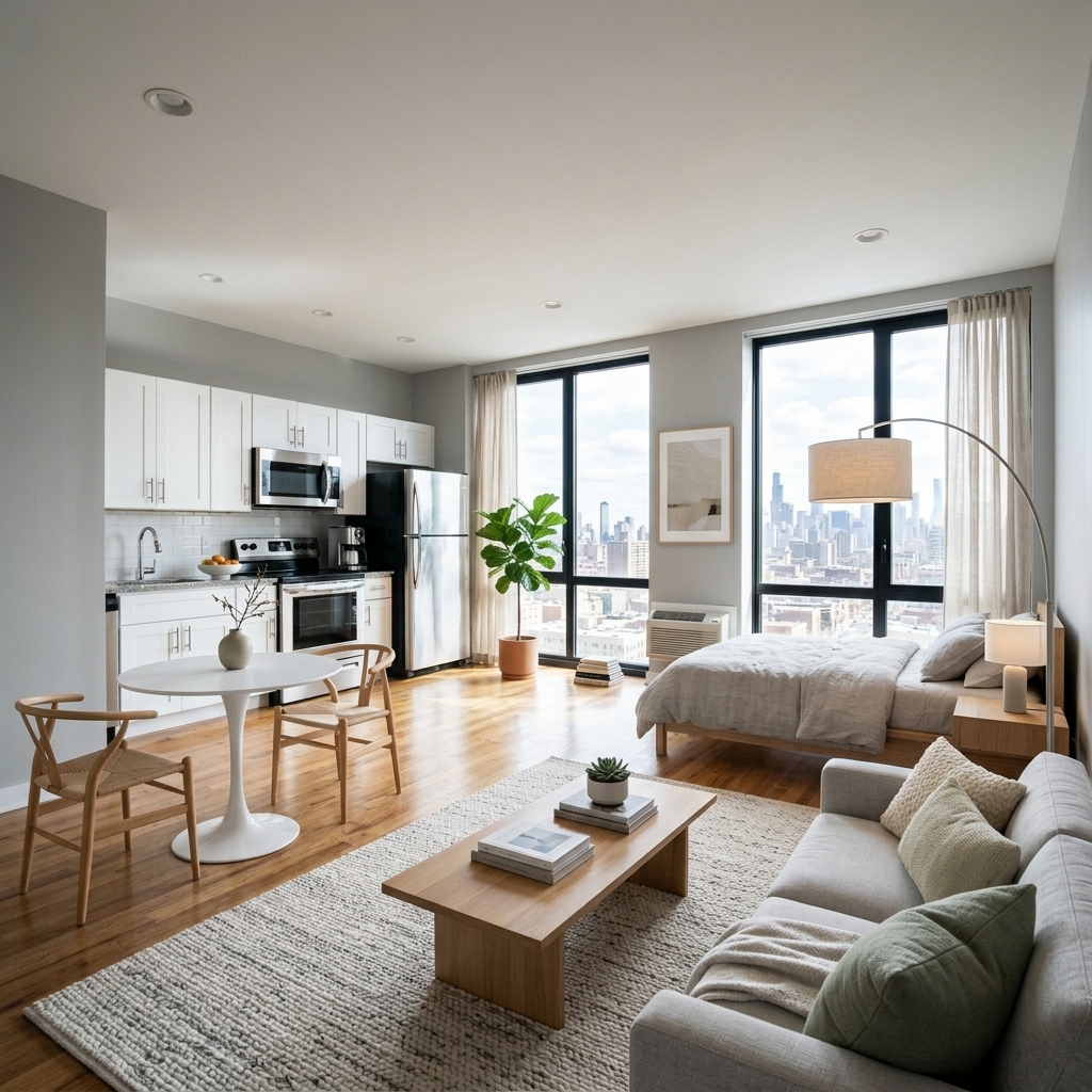 Studio Apartment Virtual Staging | AI Furnishing Tool – Free example