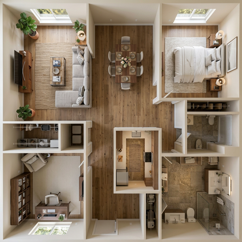 AI Furnished Floorplan — Bird-Eye View Generator example
