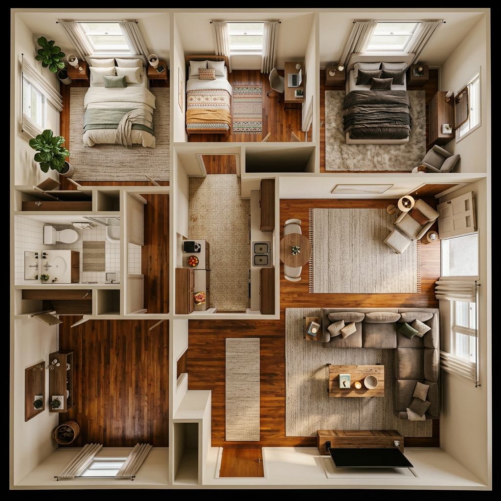 AI Furnished Floorplan — Bird-Eye View Generator example
